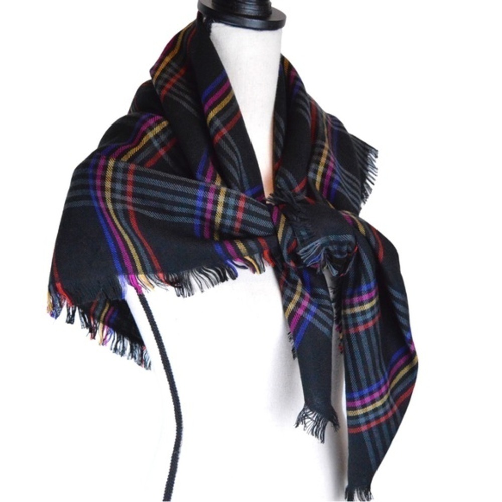 Vintage Vera Neumann Large Square Acrylic Fringe Black Plaid Scarf